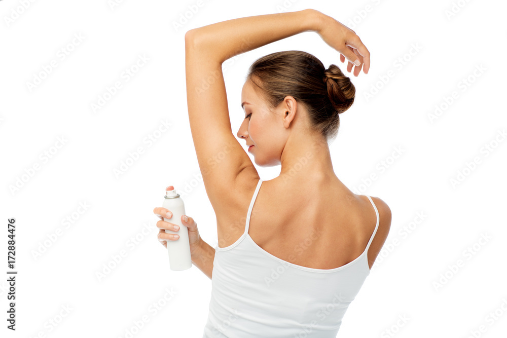woman with antiperspirant deodorant over white woman with antiperspirant deodorant over white