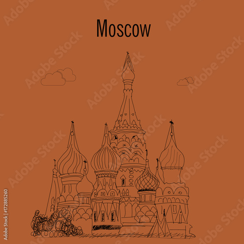 Moscow linear russia landmark, modern city skyline, vector panorama with soviet buildings