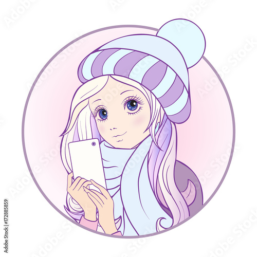 Young nice girl with long hear in winter hat and scarf make self