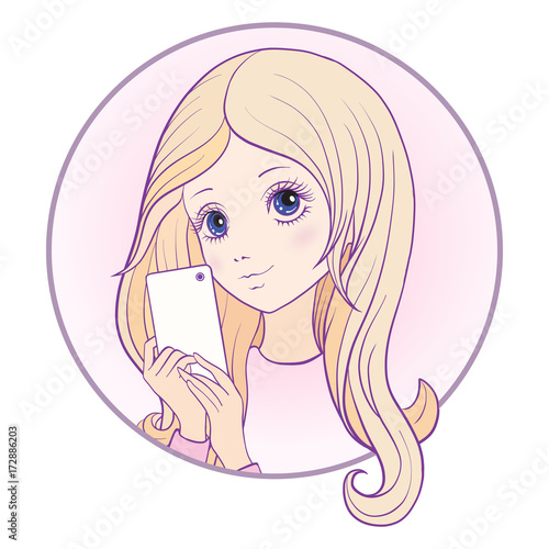 Young nice girl with long hear make selfie or photograph on a mo