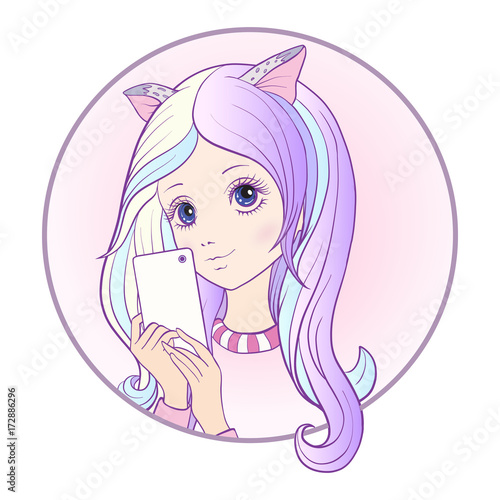 Young nice girl with long multi colored pink hear and cat ears m