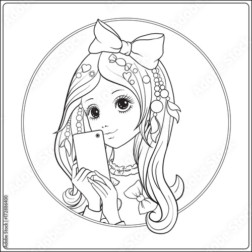 Young nice girl with long hear and bow on her head make selfie o