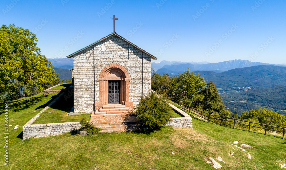 Aerial view of San Martino Church, is situated on top of San Martino Mount at Duno, province of Varese, Italy.