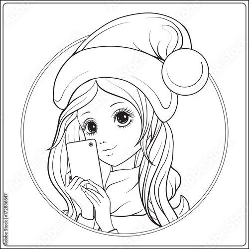 Young nice girl with long hear and Santa Claus hat on her head m