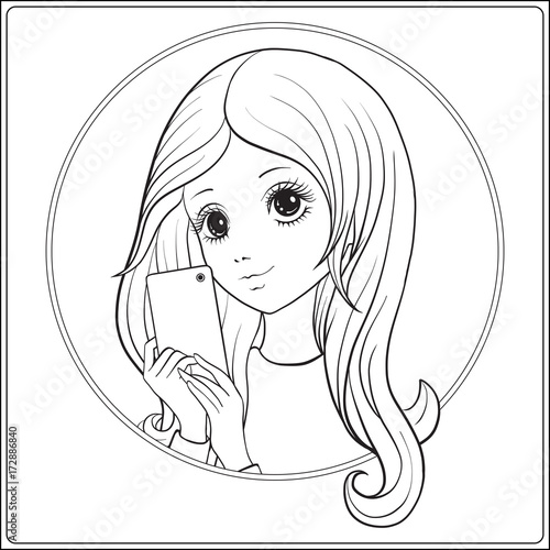 Young nice girl with long hear make selfie or photograph on a mo