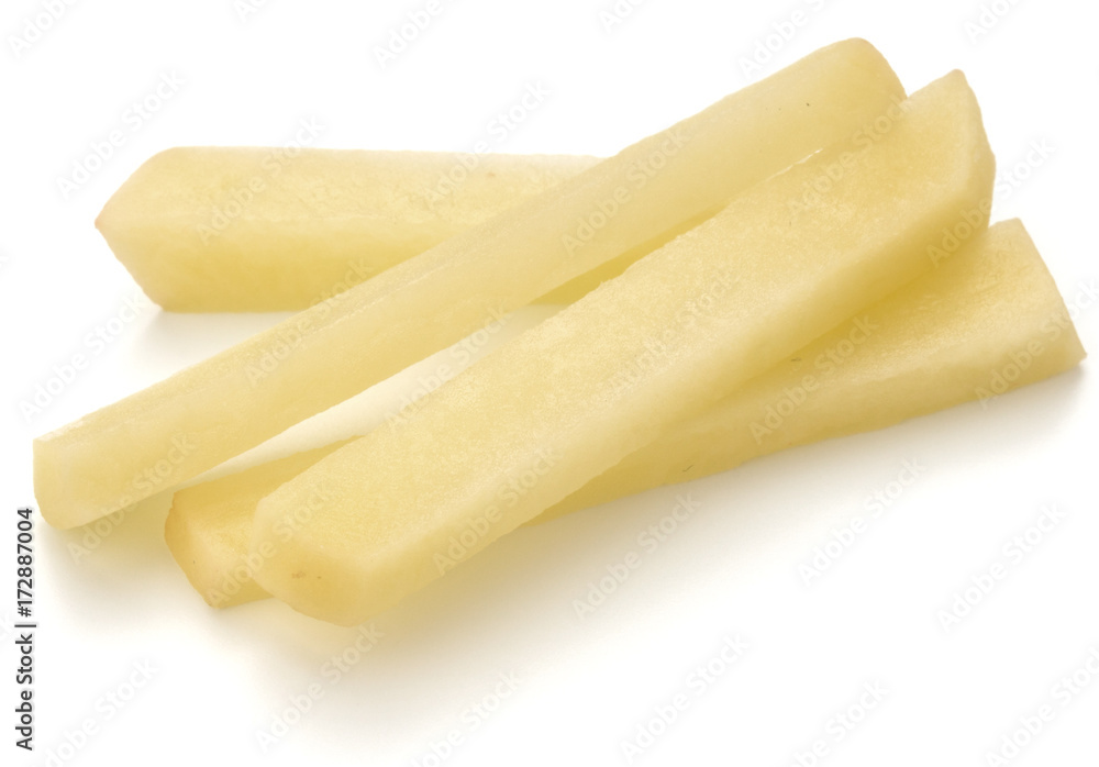 Raw Potato sliced strips prepared for French fries isolated on white background Raw Potato sliced strips prepared for French fries isolated on white background