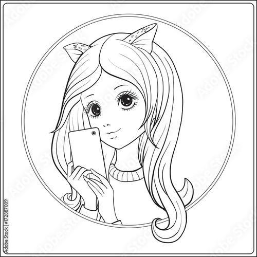 Young nice girl with long hear and cat ears make selfie or photo