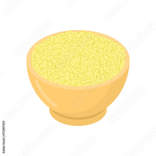 Cuscus in wooden bowl isolated. Groats in wood dish. Grain on white background. Vector illustration