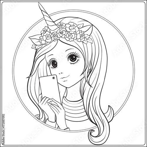 Young nice girl with long hear and unicorn horn and roses on her