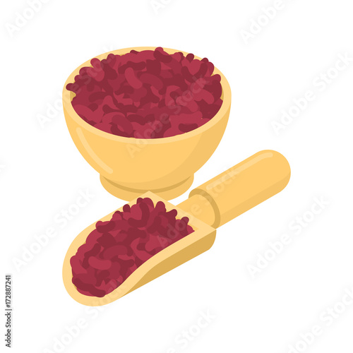 Red beans in wooden bowl and spoon. Groats in wood dish and shovel. Grain on white background. Vector illustration