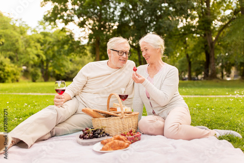 happy senior couple having picnic at summer park
