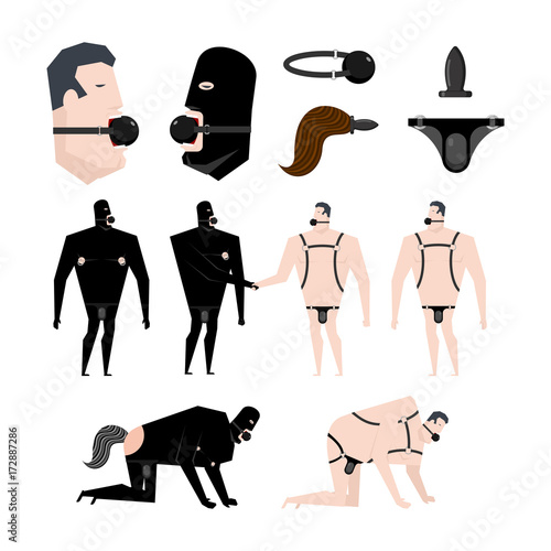 BDSM slave set. Gag in mouth. Adult sexual games. Humiliation and domination. Vector illustration.