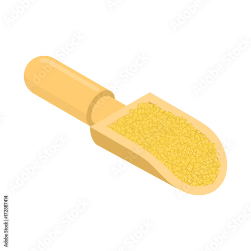 Millet in wooden scoop isolated. Groats in wood shovel. Grain on white background. Vector illustration