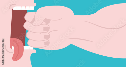 Punch on teeth. Fist in face to beat. Broken teeth. Fight vector illustration