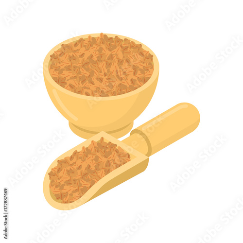 Wheat in wooden bowl and spoon. Groats in wood dish and shovel. Grain on white background. Vector illustration