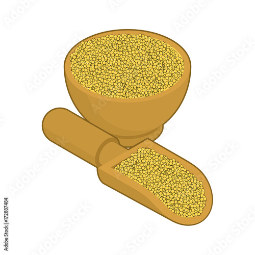 Millet in wooden bowl and spoon. Groats in wood dish and shovel. Grain on white background. Vector illustration