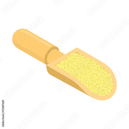 Cuscus in wooden scoop isolated. Groats in wood shovel. Grain on white background. Vector illustration