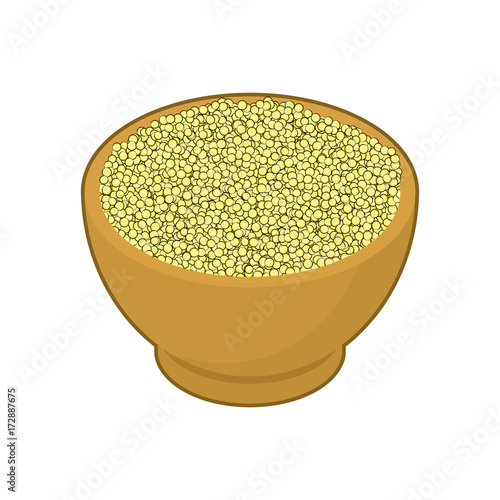 Cuscus in wooden bowl isolated. Groats in wood dish. Grain on white background. Vector illustration