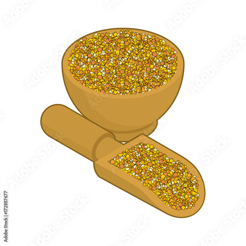 Corn grits in wooden bowl and spoon. Groats in wood dish and shovel. Grain on white background. Vector illustration