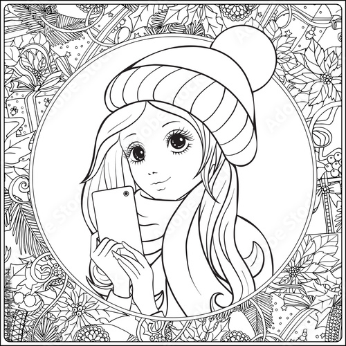 Young nice girl with long hear in winter hat on her head make se