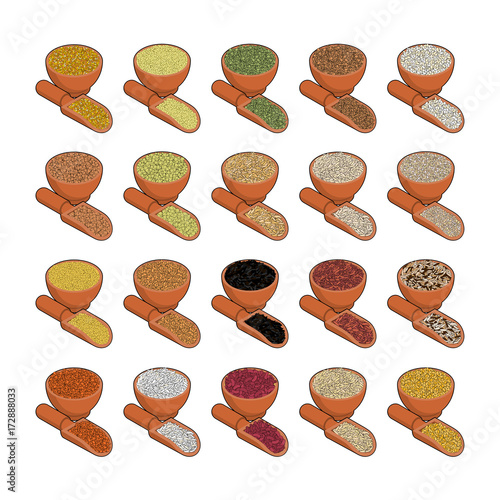 Groats in wooden bowl and spoon set. Rice and lentils. Red beans and peas. Corn and barley gritz. Millet and cuscus. Oat and buckwheat. Bulgur and wheat. Cereals in wood shovel. Vector illustration photo