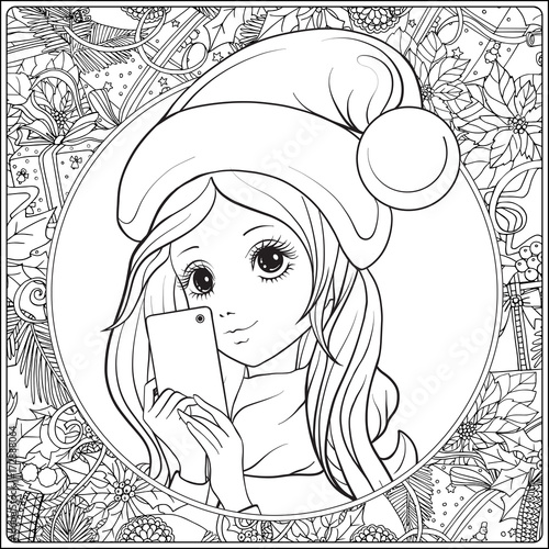 Young nice girl with long hear and Santa Claus hat on her head m