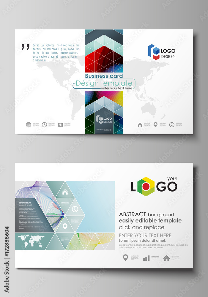 Business card templates. Easy editable layout, flat style template, vector illustration. Colorful design with overlapping geometric shapes and waves forming abstract beautiful background.