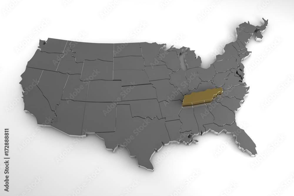 United States of America, 3d metallic map, with Tennessee state highlighted. 3d render