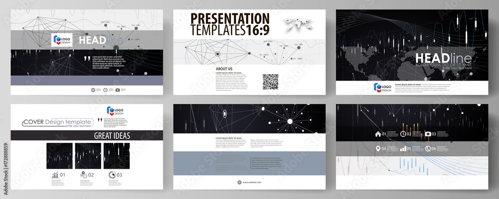 Business templates in HD format for presentation slides. Vector layouts. Abstract infographic background in minimalist design made from lines, symbols, charts, diagrams and other elements.