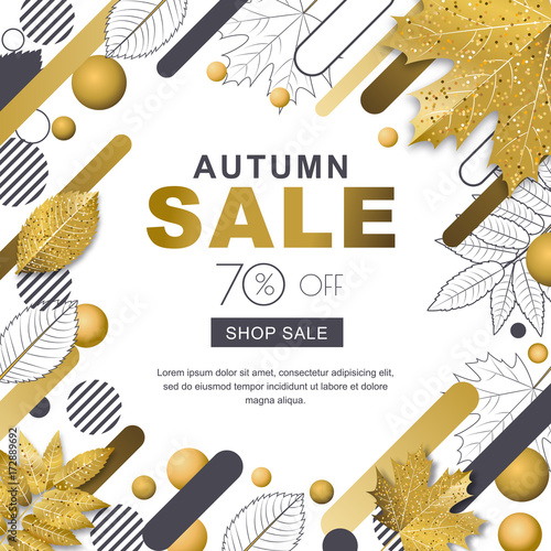Autumn sale banner. Square frame with 3d style gold outline fall leaves and m...