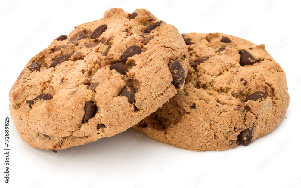 Two Chocolate chip cookies isolated on white background. Sweet biscuits. Homemade pastry. Two Chocolate chip cookies isolated on white background. Sweet biscuits. Homemade pastry.