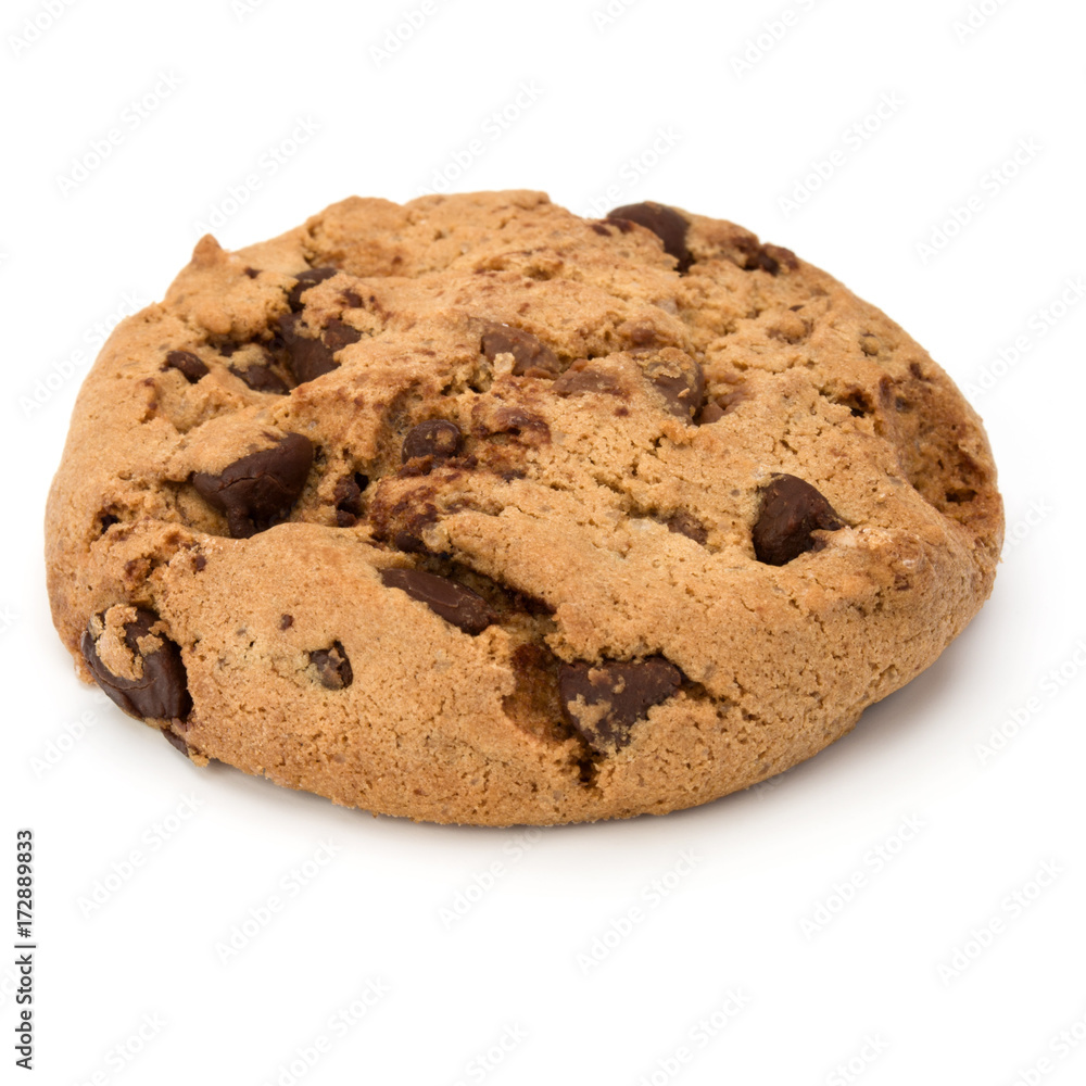 One Chocolate chip cookie isolated on white background. Sweet biscuit. Homemade pastry. One Chocolate chip cookie isolated on white background. Sweet biscuit. Homemade pastry.
