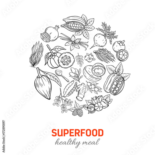 Vector hand drawnn superfood round poster. photo