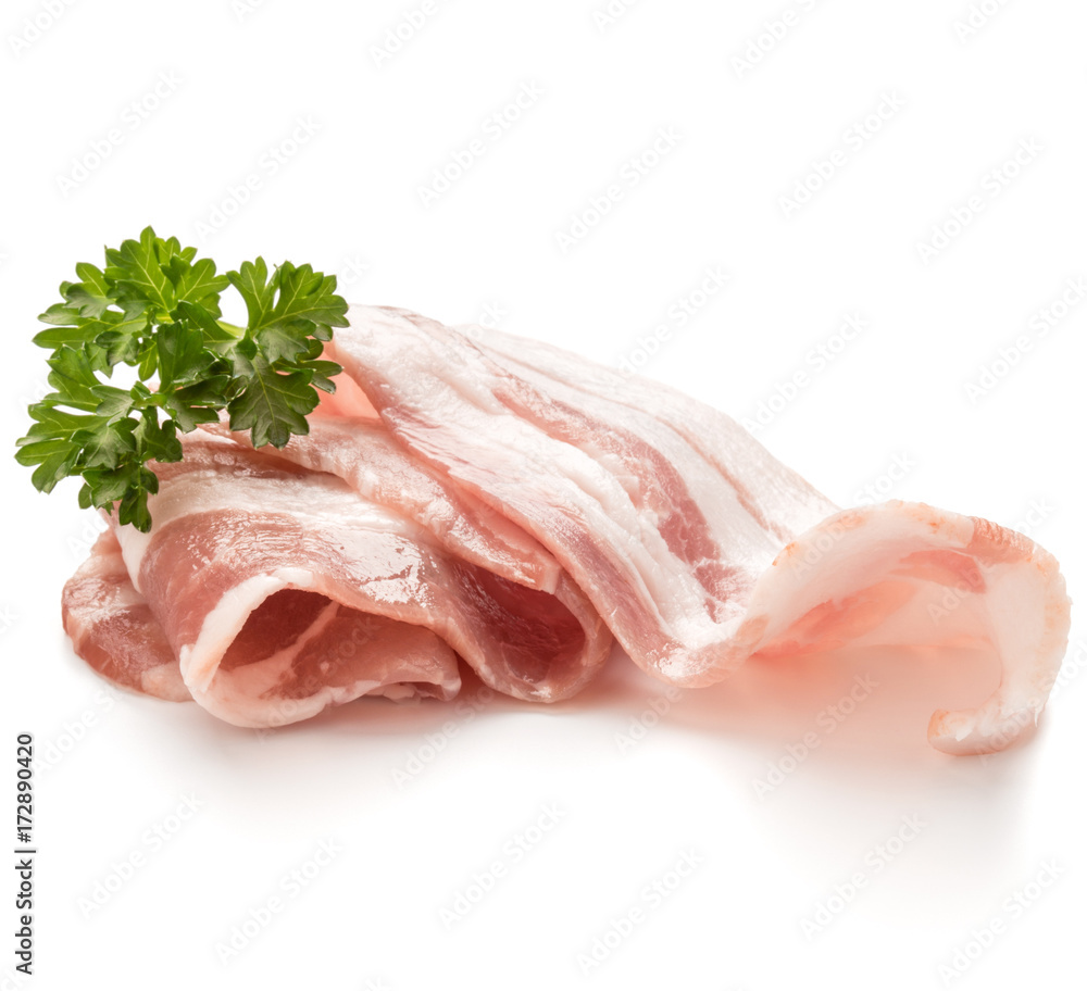 sliced bacon and parsley leaves isolated on white background cutout sliced bacon and parsley leaves isolated on white background cutout