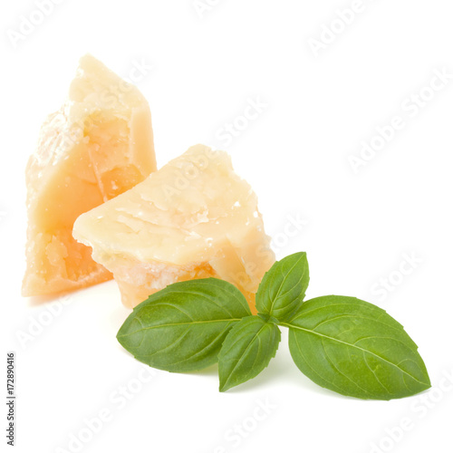 shredded parmesan cheese and basil leaf isolated on white background cutout photo