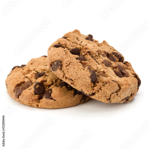 Stacked Chocolate chip cookies isolated on white background. Sweet biscuits. Homemade pastry.