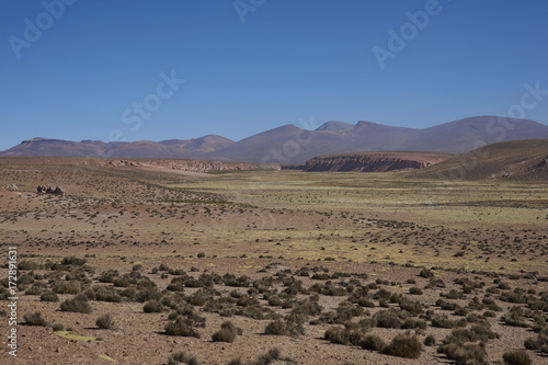 Wide valley leading to the River Lauca high on the Altiplano of northern Chile in Lauca National Park.