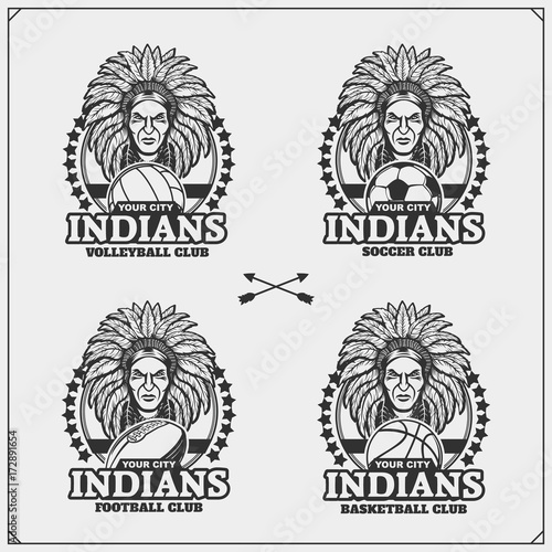Volleyball, baseball, soccer and football logos and labels. Sport club emblems with indian chief.