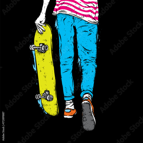 Stylish skater in jeans and sneakers. Skateboard. Vector illustration for a postcard or a poster, print for clothes. Street cultures.