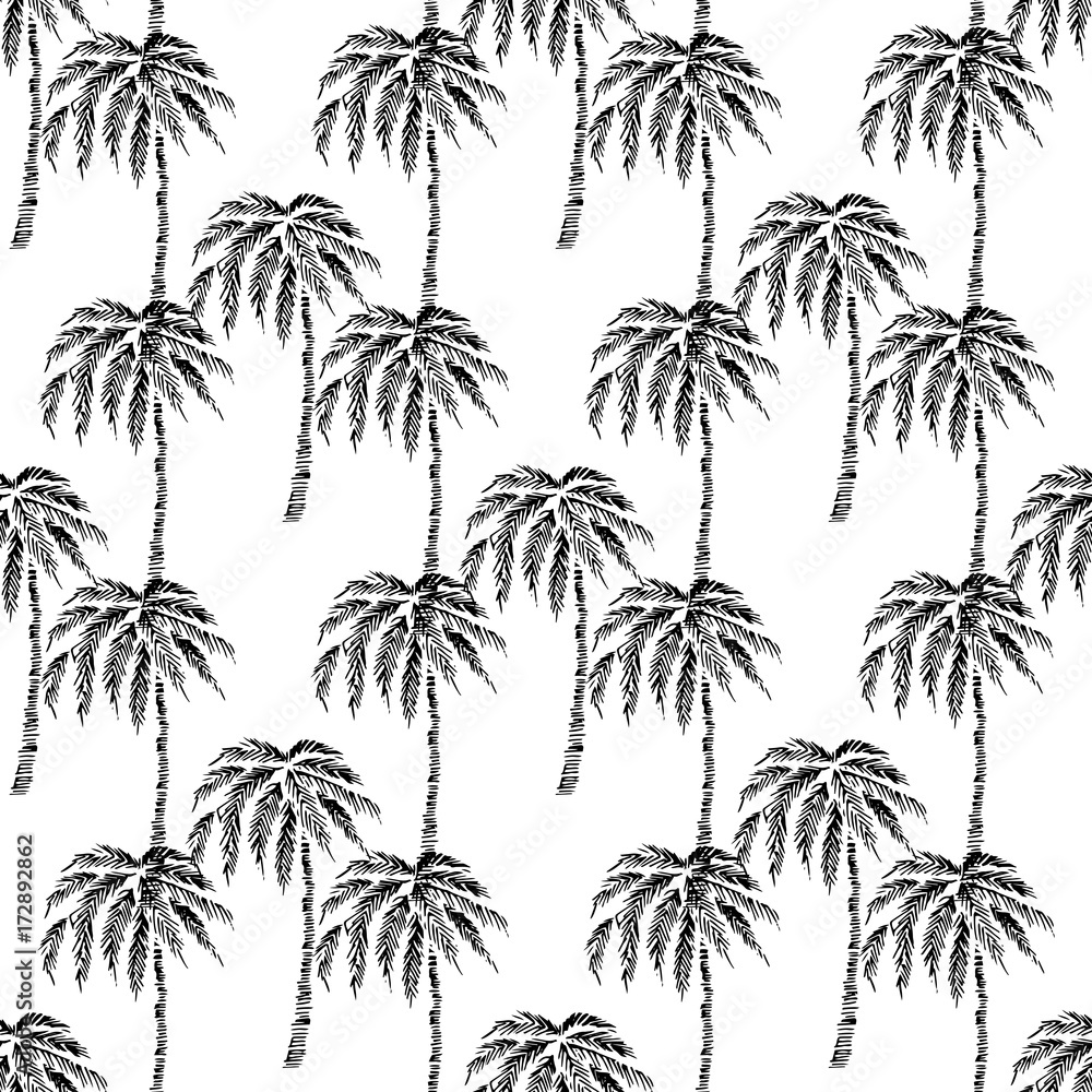 Seamless vector pattern eco realistic black silhouettes of tropical palm trees, on a white background, hand drawn sketch.