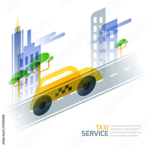 City taxi service concept. Vector illustration of taxi yellow cab on asphalt road against cityscape. Street traffic and city transport design elements.