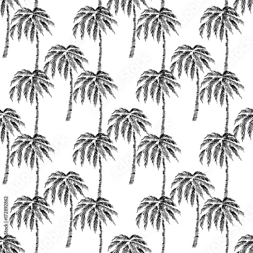 Seamless vector pattern eco realistic black silhouettes of tropical palm trees  on a white background  hand drawn sketch.