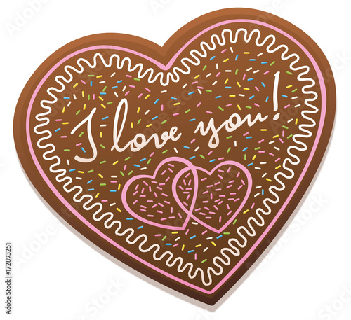 Gingerbread heart with the words I LOVE YOU. Isolated vector illustration on white background.
