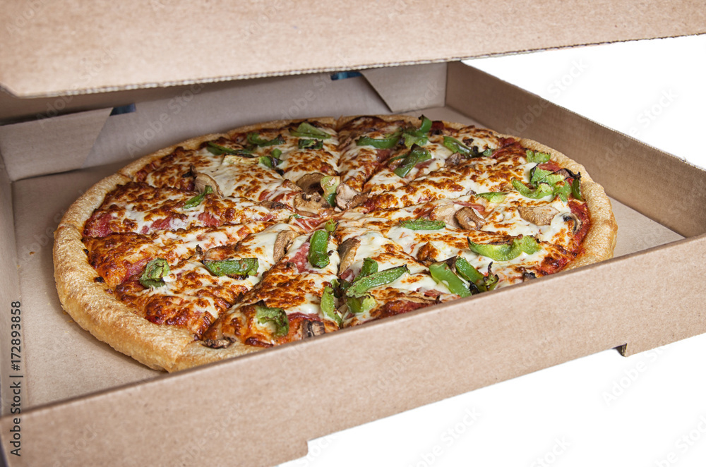 Hot fresh delicious all dressed pizza in a delivery box, ready to