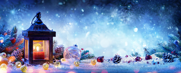 Snowy Lantern With Fir Branches And Baubles - Christmas Card
