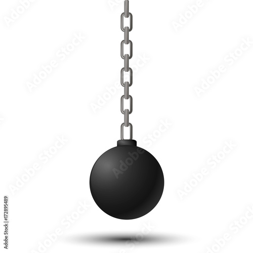 Wrecking ball. Demolition sphere hanging on chains. Vector illustration isolated on white