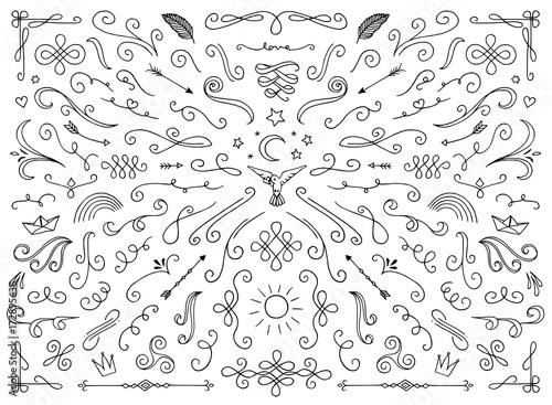 Set of various text decoration elements like swirls, dividers, ornaments, hearts etc.