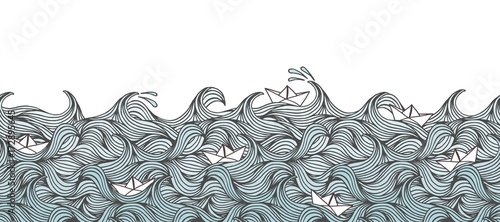 Seamless banner with hand drawn waves and little paper boats, can be tiled horizontally