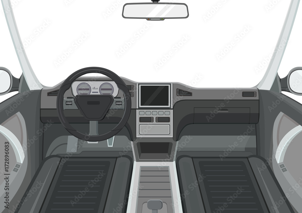 Car interior. Inside view of car. Dashboard and navigation panel