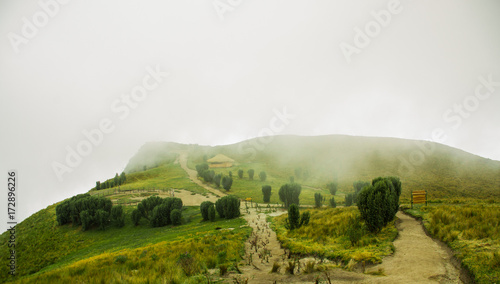 Panoramic view at the Pichincha volcano, located just to the side of Quito, in a foggy day in the top of the Pichincha mountain in Quito, Ecuador